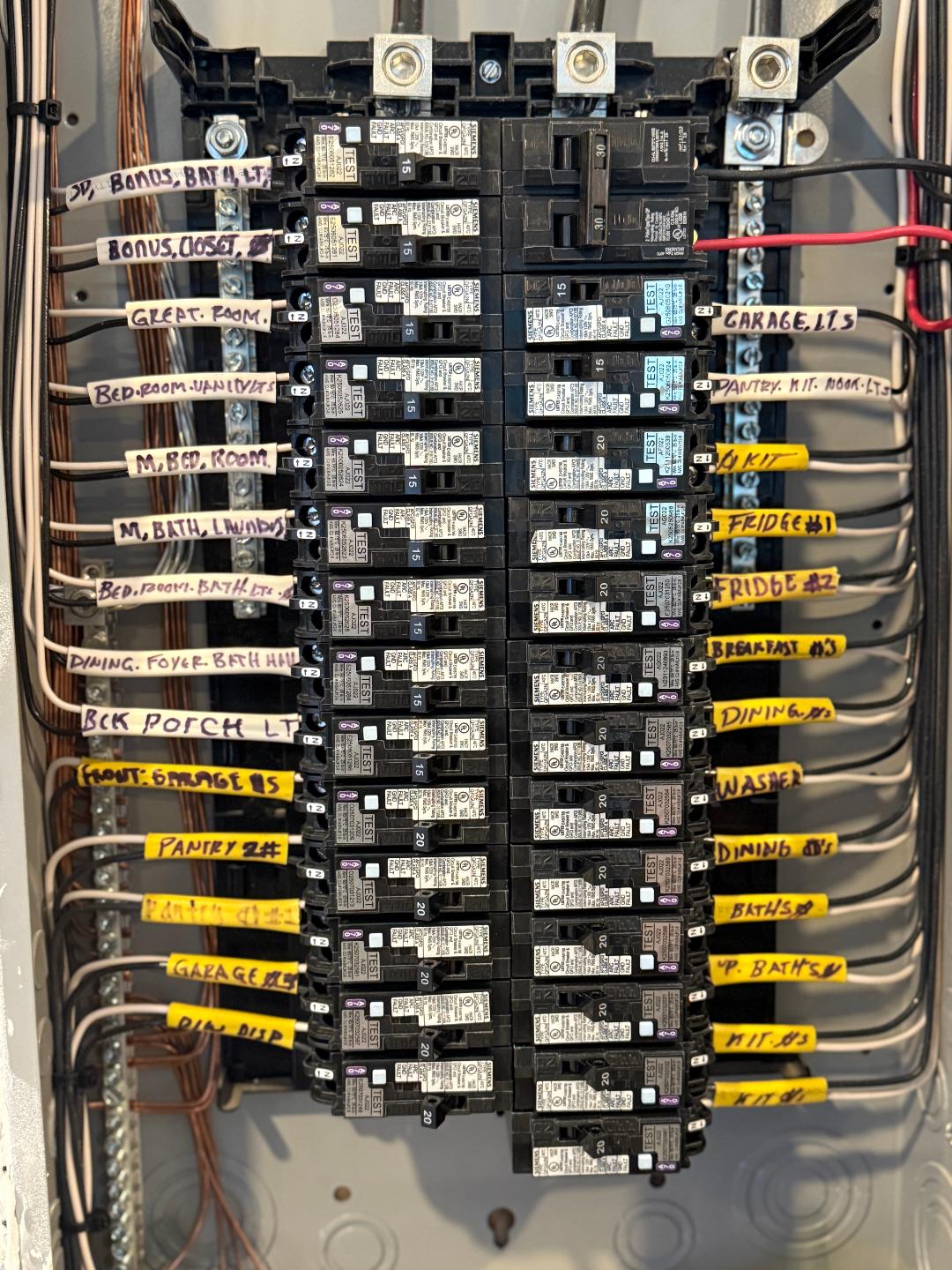 Electrical circuits in a breaker panel